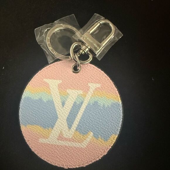Brand new upcycled Louis Vuitton Pink and Blue Round Keychain bag charm